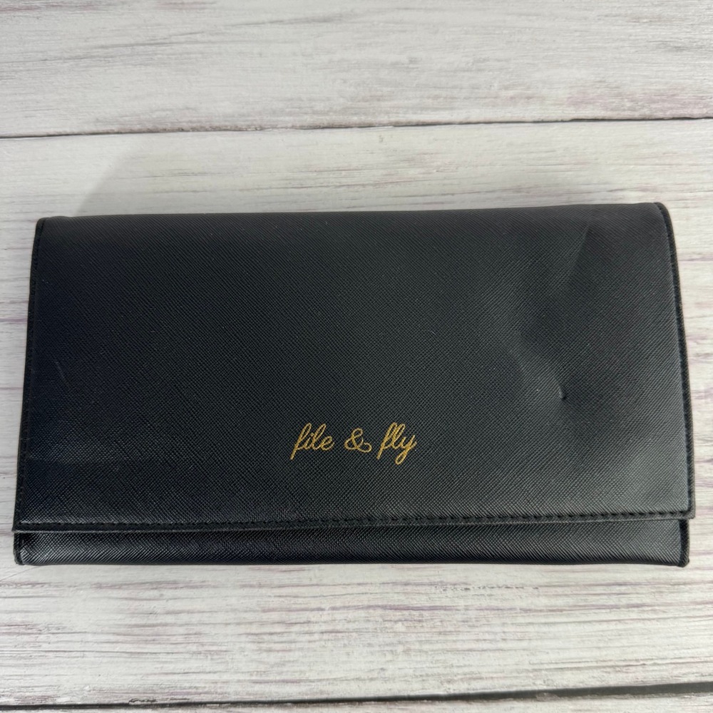 Miamica File & Fly Travel Document Organizer Wallet Black Saffiano PU Leather